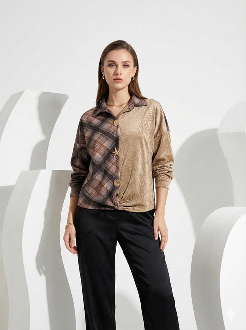 IPHEK Signature: Ekose & Velvet Dokulu Gold Düğmeli Asimetrik Gömlek