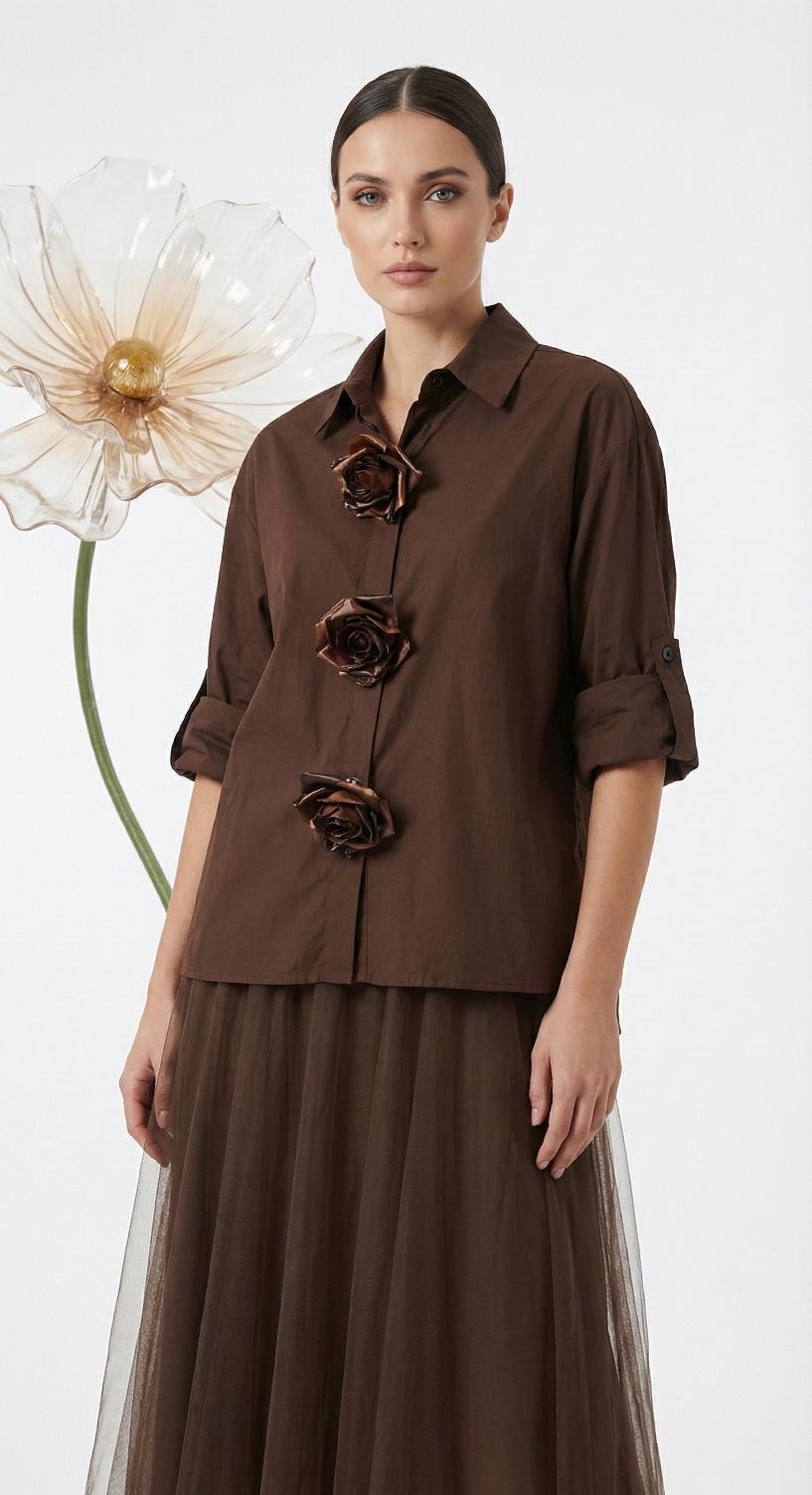 IPHEK Signature: Çikolata Kahve 3D Gül Detaylı Premium Gömlek