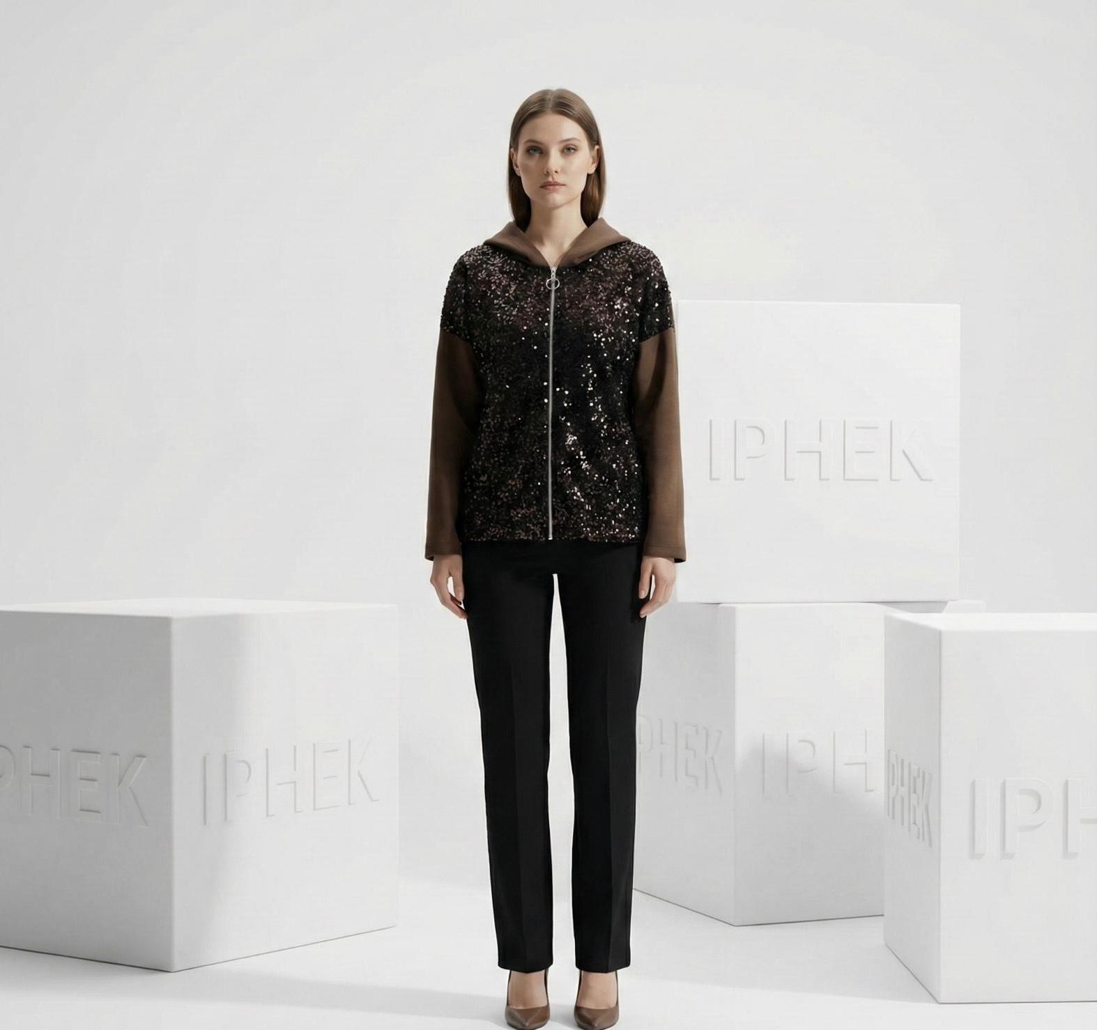 IPHEK Sport-Luxe: Payet Ön Detaylı Kapüşonlu Fermuarlı Ceket