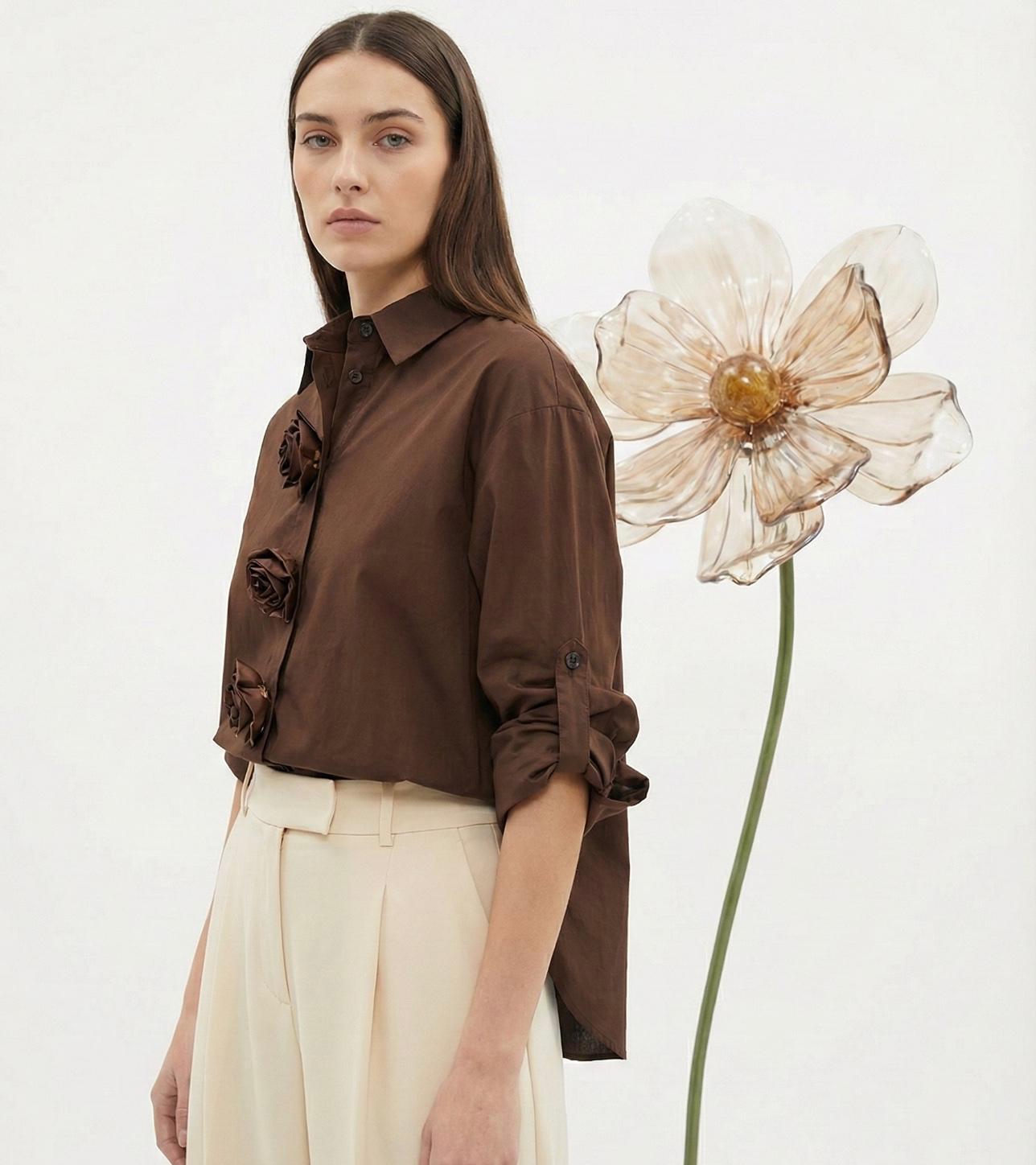 IPHEK Signature: Çikolata Kahve 3D Gül Detaylı Premium Gömlek