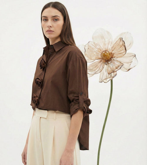 IPHEK Signature: Çikolata Kahve 3D Gül Detaylı Premium Gömlek