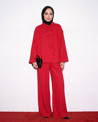 BAĞCIK DETAYLI KETEN TAKIM KIRMIZI